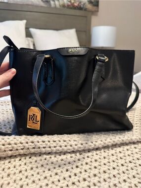 Ralph Lauren Double RL Black Leather Tote with Gold RLL Tag
